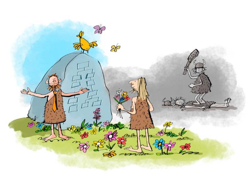 Twee verschillende scene van een holbewoner. In een wint hij een vrouw met een knuppel en in de ander met bloemen. Op de steens achter hem staat een organogram.